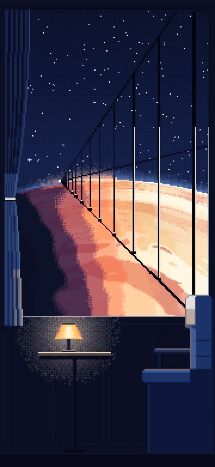 Navy Pixel Art Space Train Window Above a Planet wallpaper for iPhone and Android
