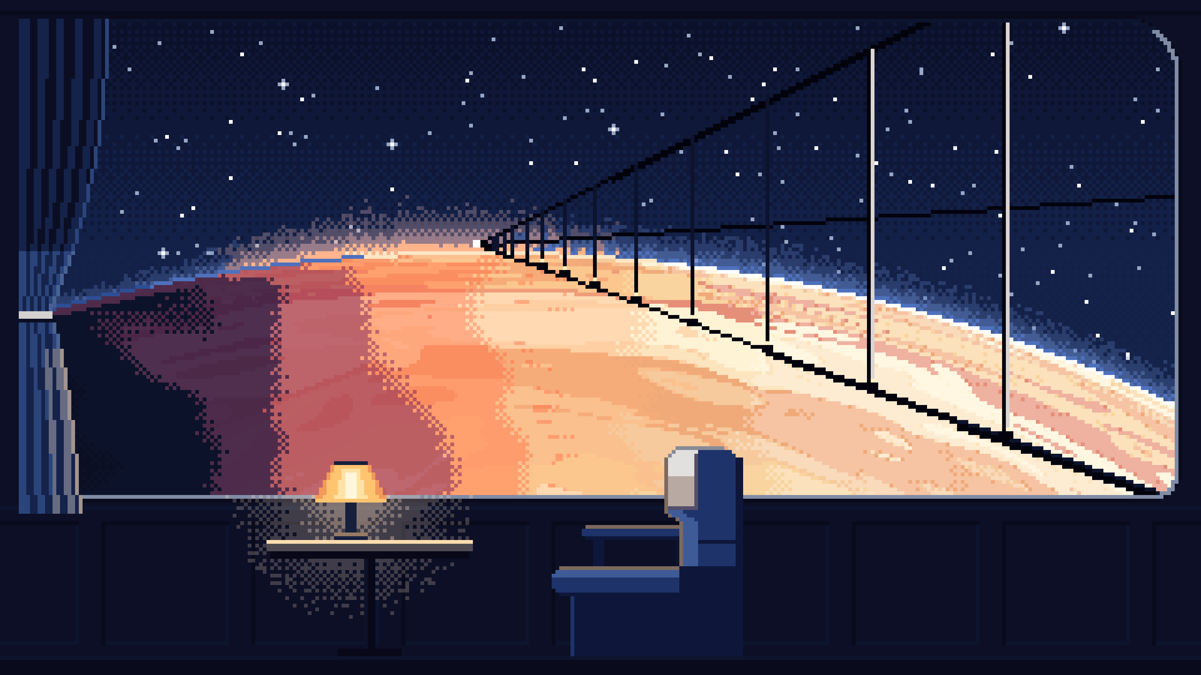 Navy Pixel Art Space Train Window Above a Planet desktop wallpaper in 4K