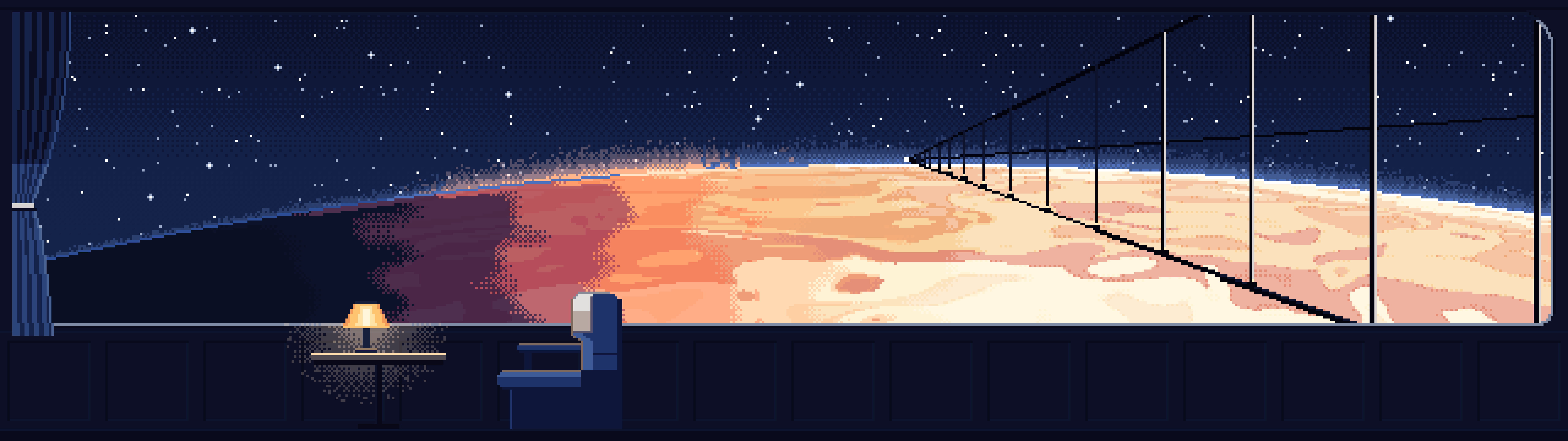 Navy Pixel Art Space Train Window Above a Planet dual monitor wallpaper, 7680 × 2160