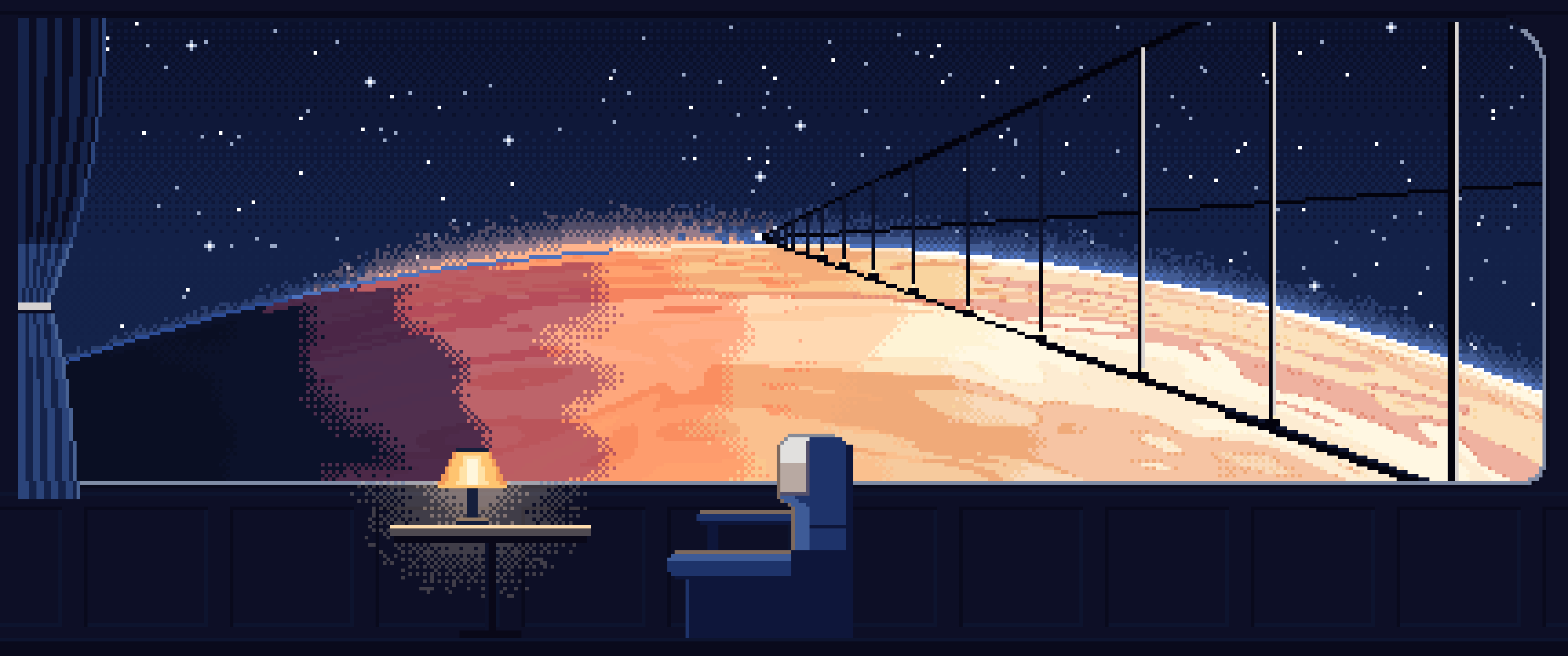 Navy Pixel Art Space Train Window Above a Planet ultrawide wallpaper, 3440 × 1440