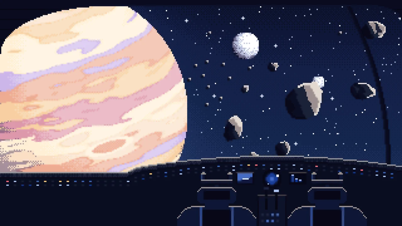 Navy Pixel Art Spaceship Cockpit and a Giant Planet desktop wallpaper in 4K