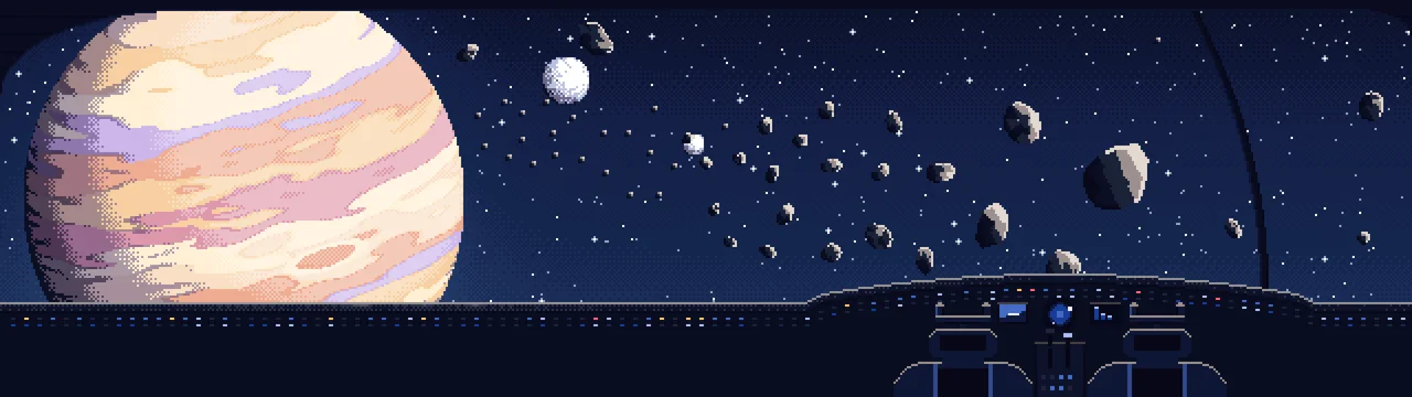 Navy Pixel Art Spaceship Cockpit and a Giant Planet dual monitor wallpaper, 7680 × 2160
