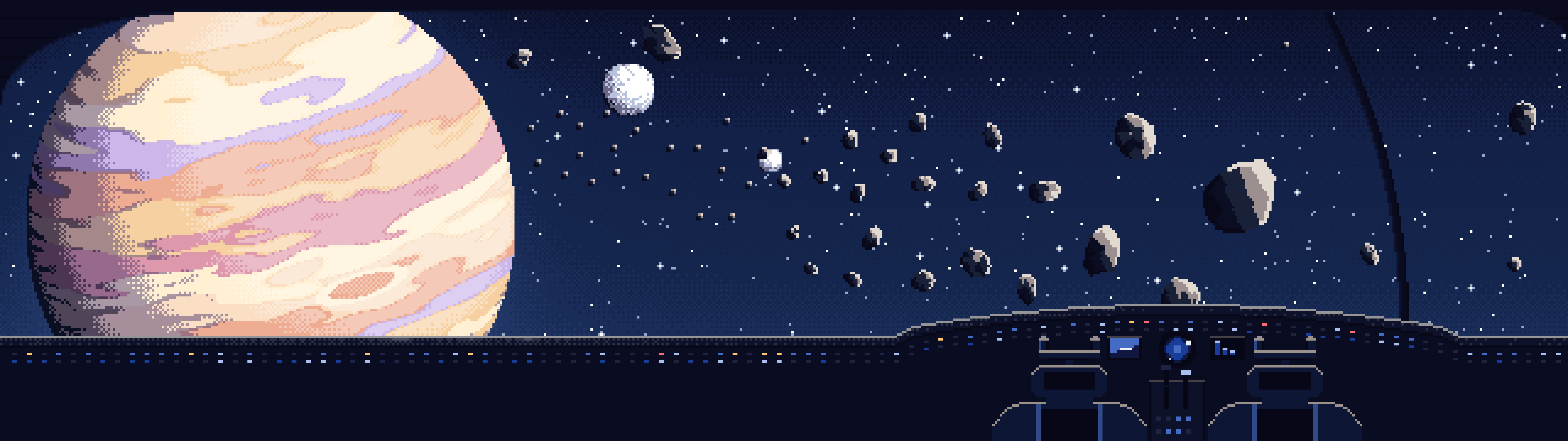 Navy Pixel Art Spaceship Cockpit and a Giant Planet dual monitor wallpaper, 7680 × 2160