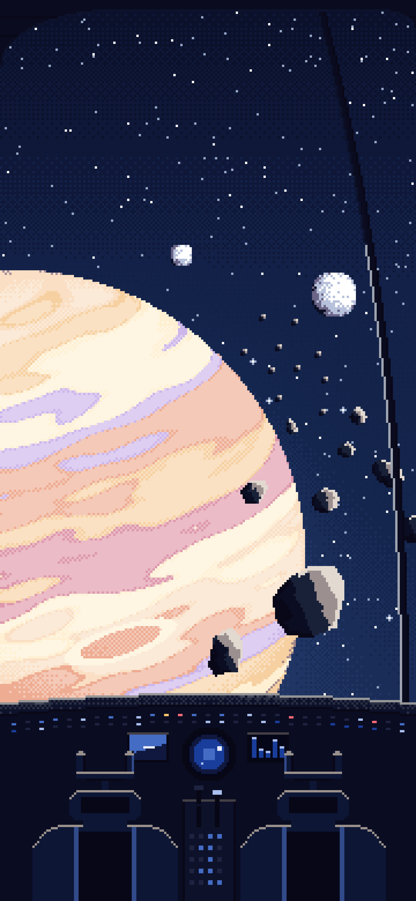 Navy Pixel Art Spaceship Cockpit and a Giant Planet wallpaper for iPhone and Android