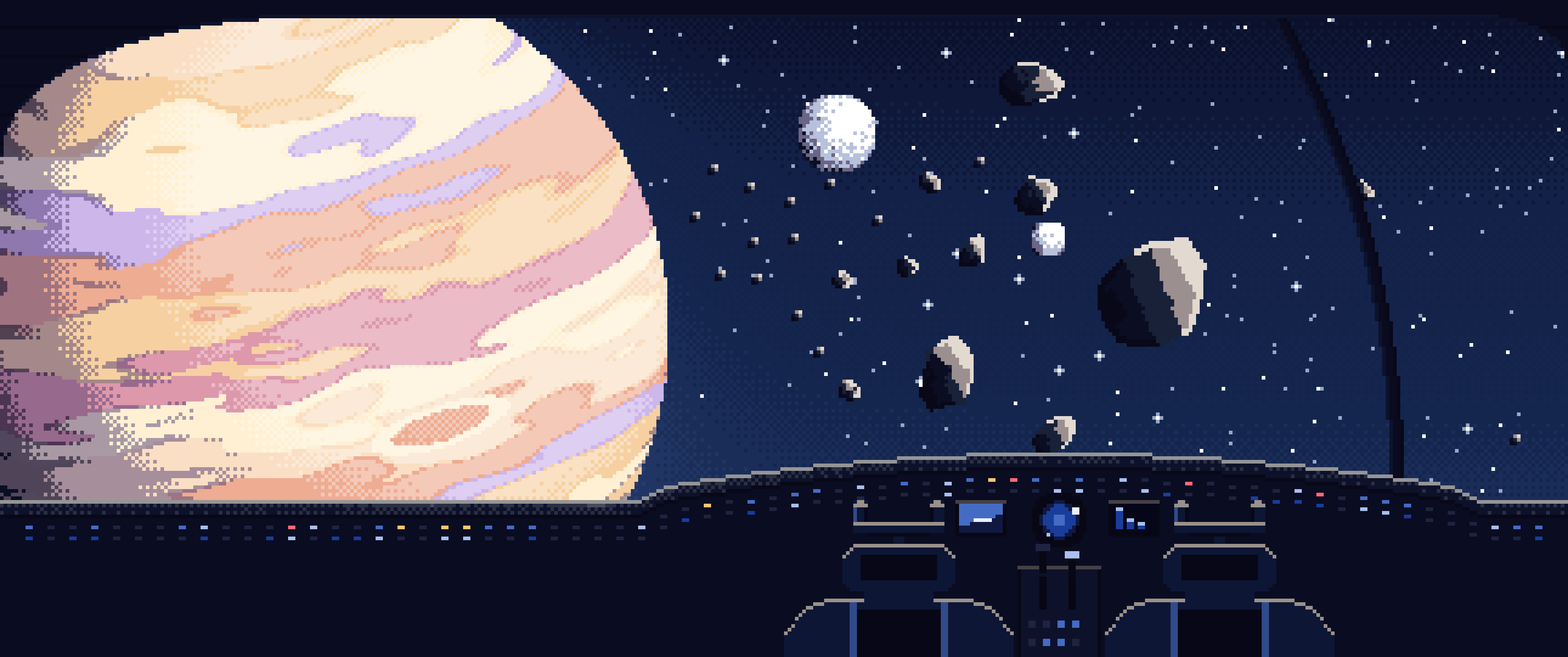 Navy Pixel Art Spaceship Cockpit and a Giant Planet ultrawide wallpaper, 3440 × 1440