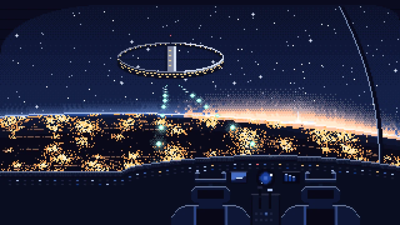 Navy Pixel Art Spaceship Cockpit Approaching a Planet at Night desktop wallpaper in 4K