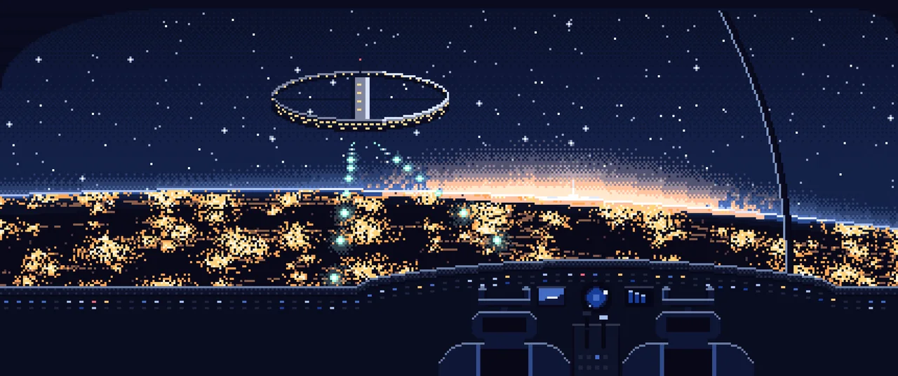Navy Pixel Art Spaceship Cockpit Approaching a Planet at Night ultrawide wallpaper, 3440 × 1440