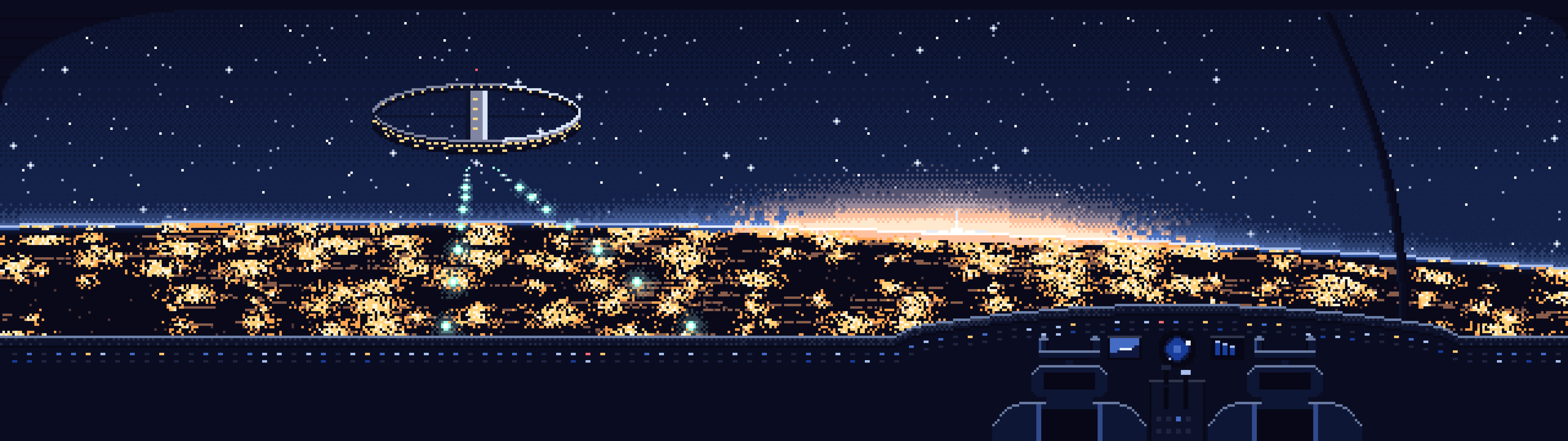 Navy Pixel Art Spaceship Cockpit Approaching a Planet at Night dual monitor wallpaper, 7680 × 2160