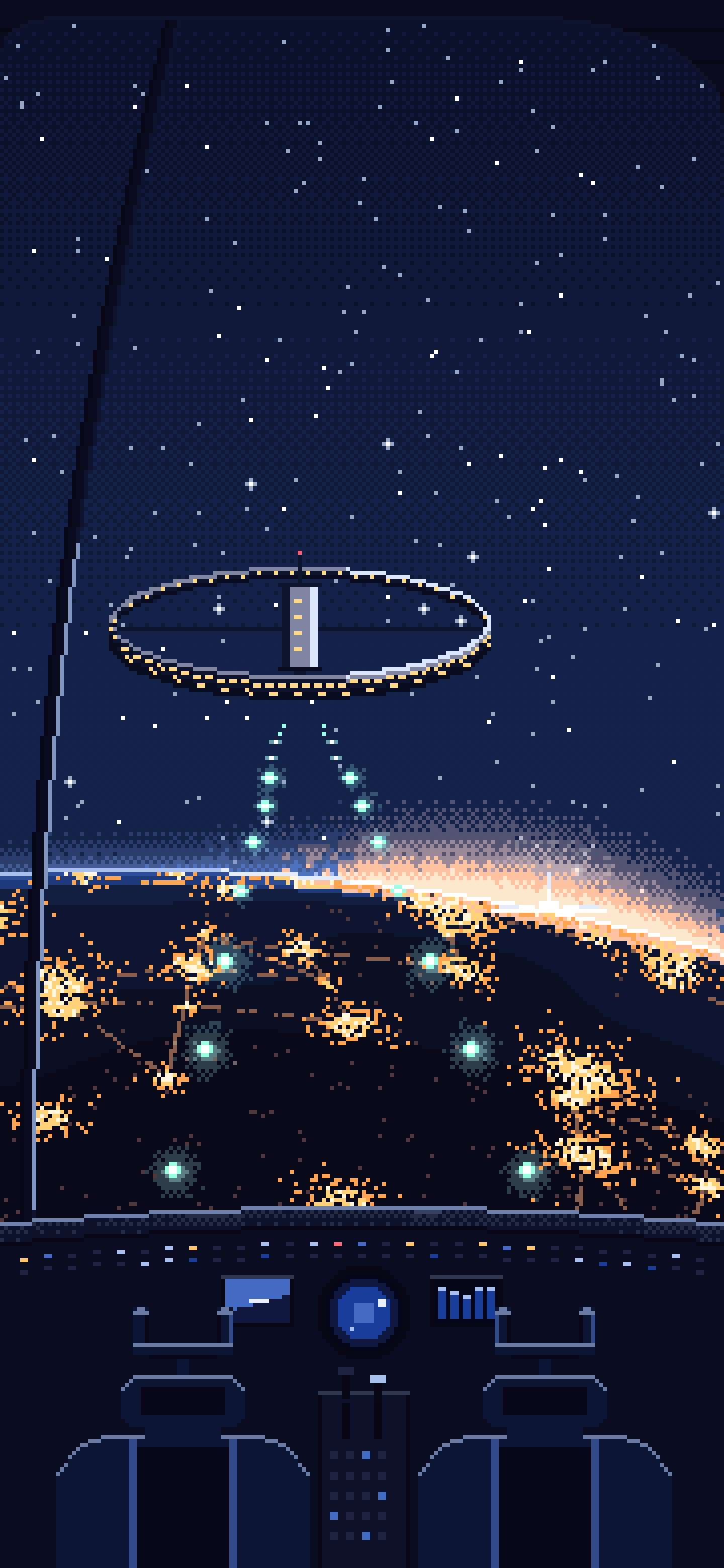 Navy Pixel Art Spaceship Cockpit Approaching a Planet at Night wallpaper for iPhone and Android
