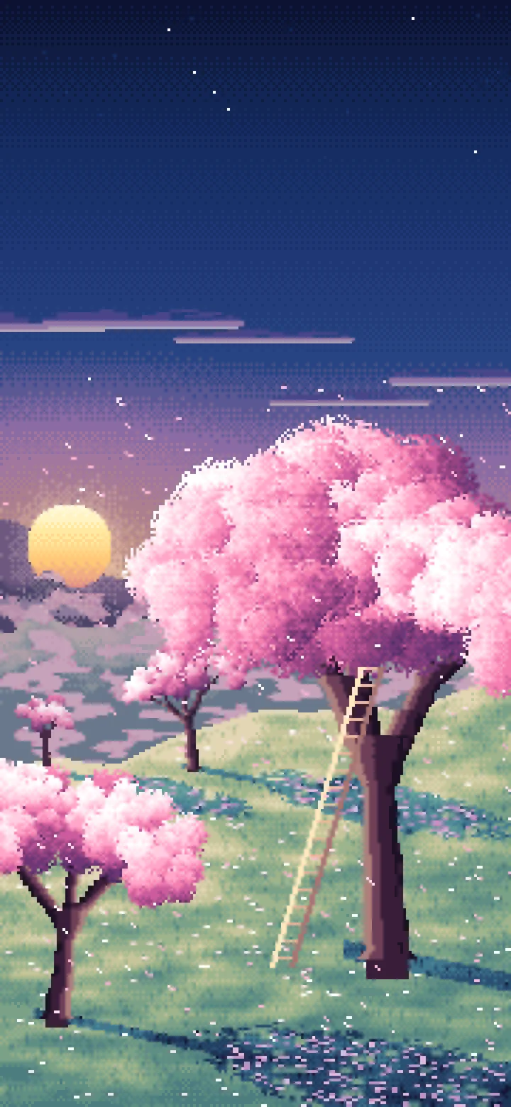 Navy Pixel Art Spring Orchard at Sunrise wallpaper for iPhone and Android