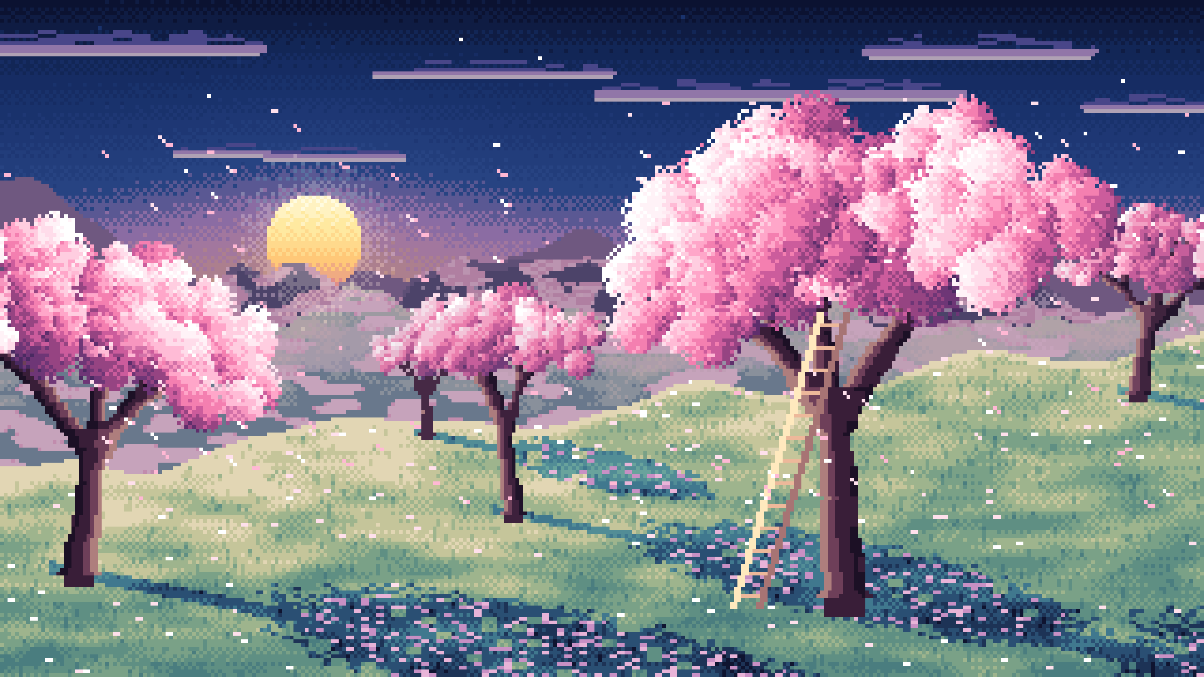 Navy Pixel Art Spring Orchard at Sunrise desktop wallpaper in 4K