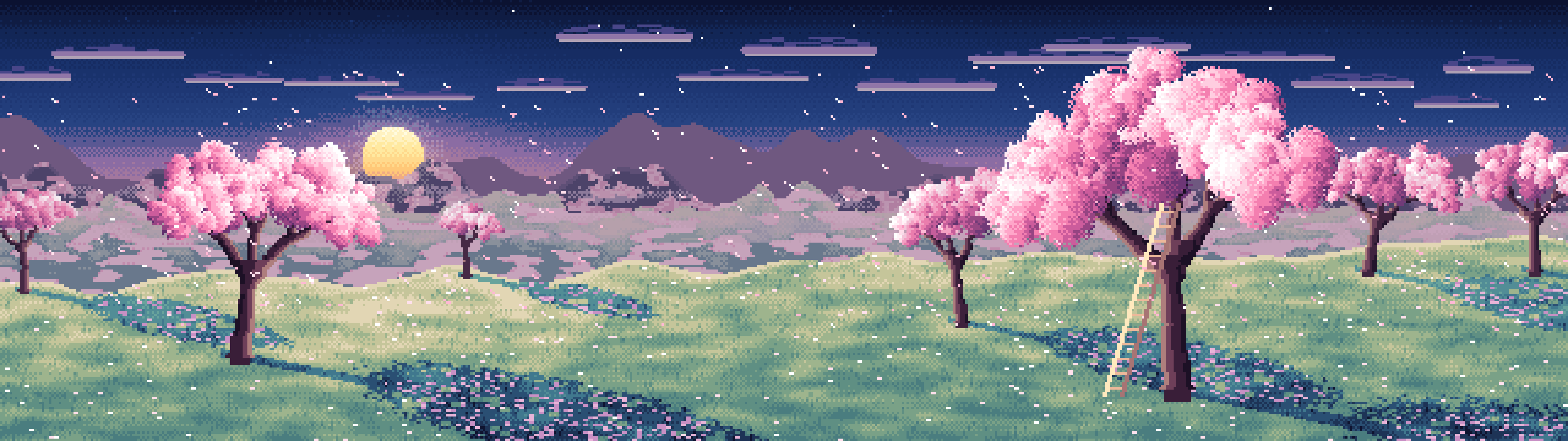 Navy Pixel Art Spring Orchard at Sunrise dual monitor wallpaper, 7680 × 2160