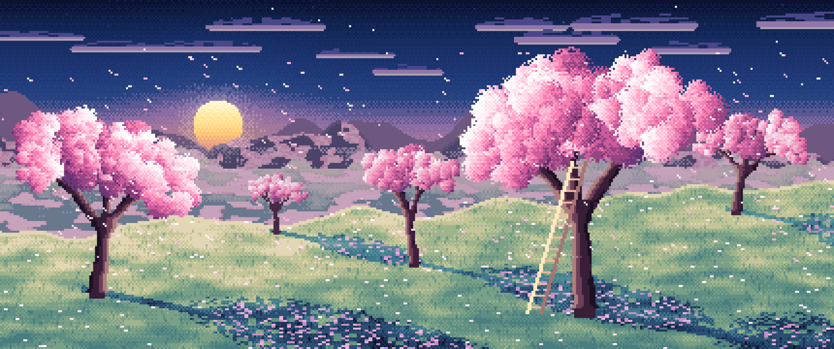 Navy Pixel Art Spring Orchard at Sunrise ultrawide wallpaper, 3440 × 1440