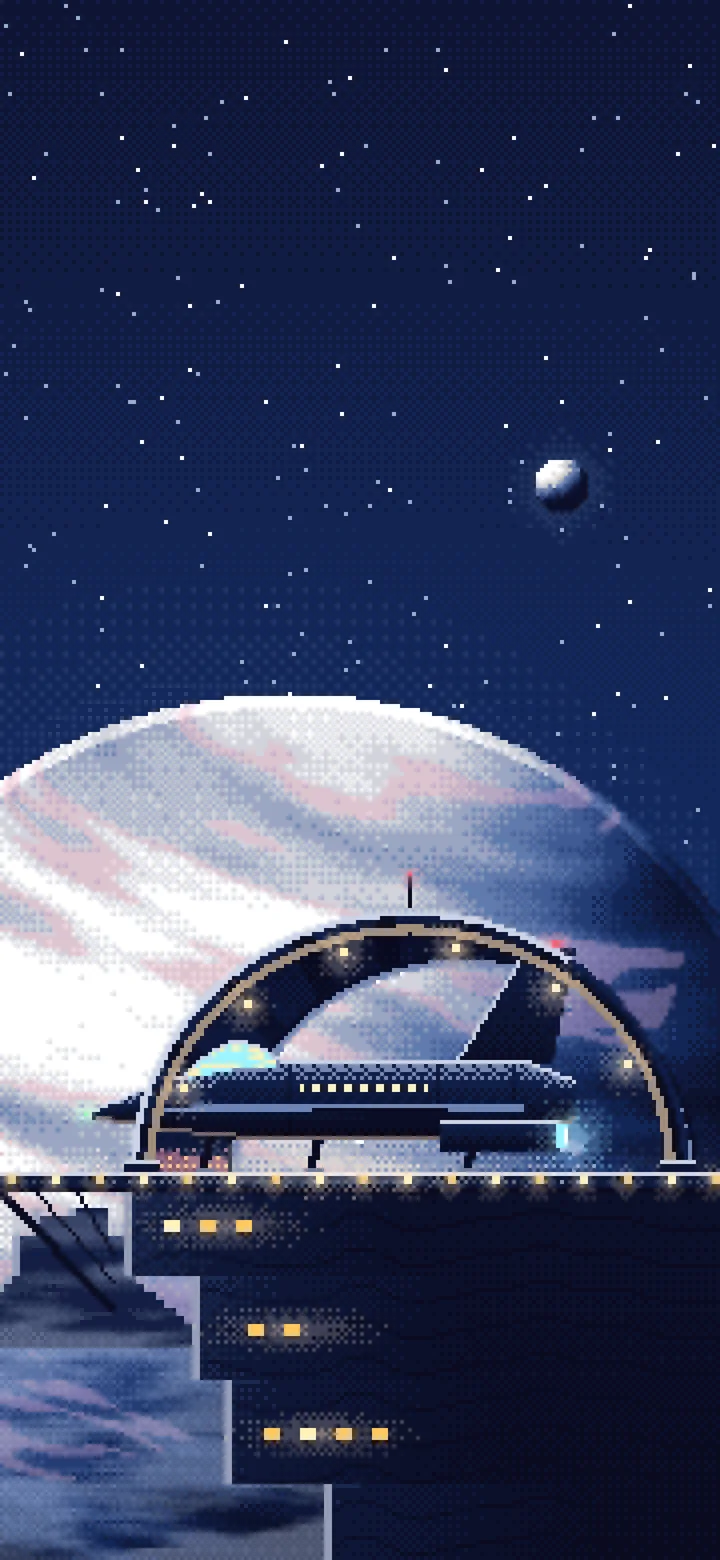 Navy Pixel Art Starship Hangar at Planet Rise wallpaper for iPhone and Android