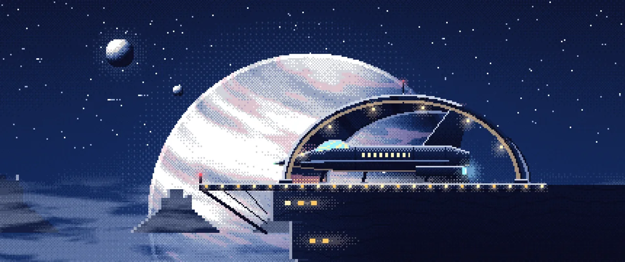 Navy Pixel Art Starship Hangar at Planet Rise ultrawide wallpaper, 3440 × 1440