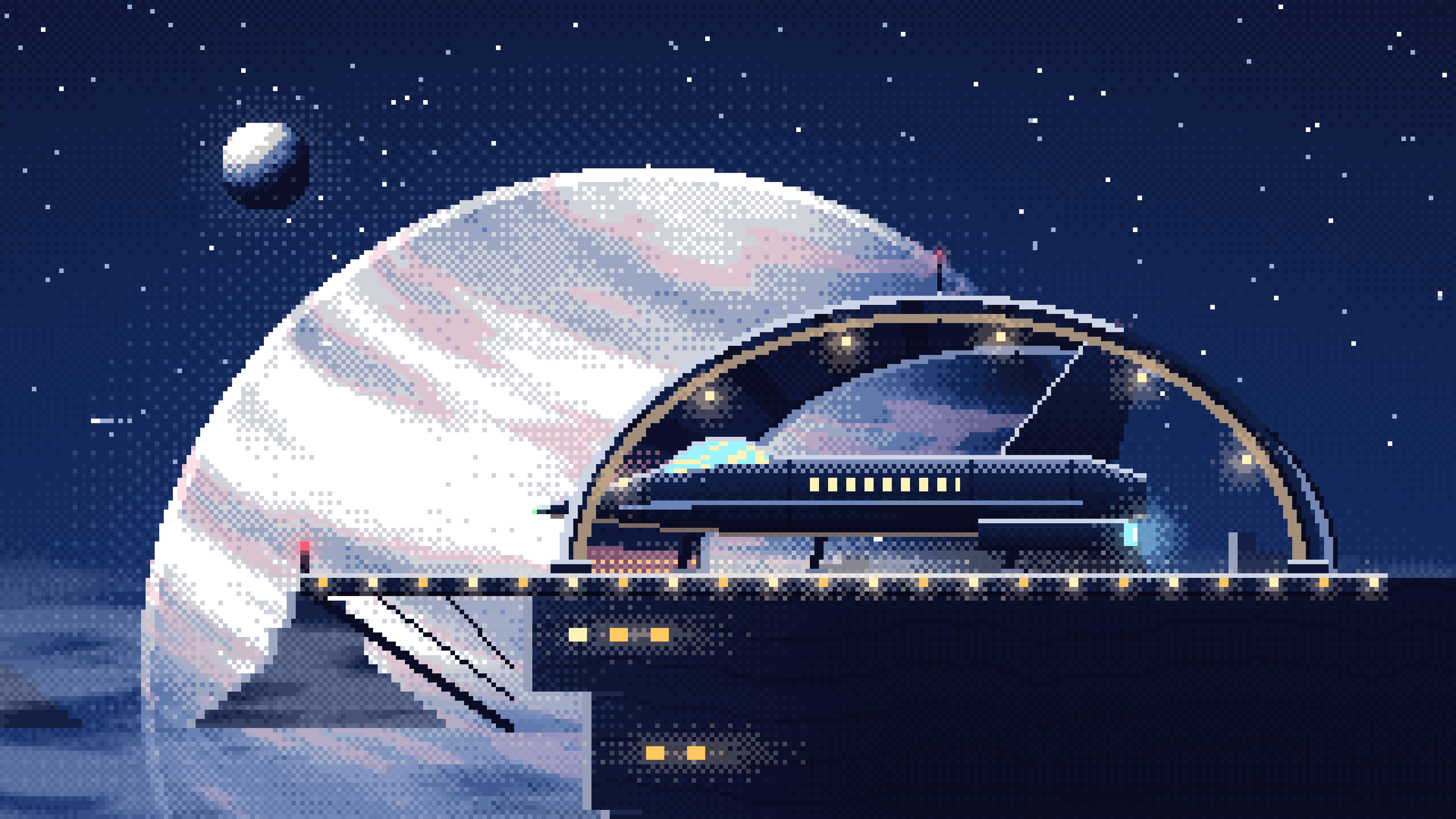 Navy Pixel Art Starship Hangar at Planet Rise desktop wallpaper in 4K