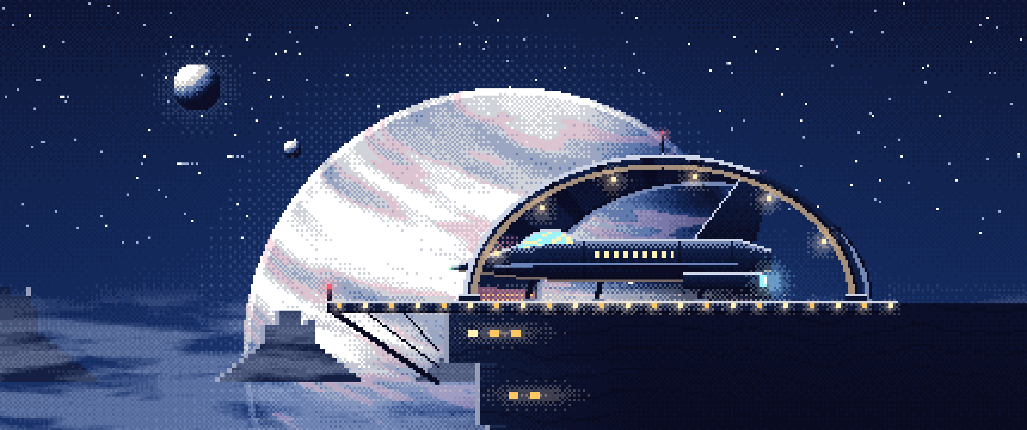 Navy Pixel Art Starship Hangar at Planet Rise ultrawide wallpaper, 3440 × 1440