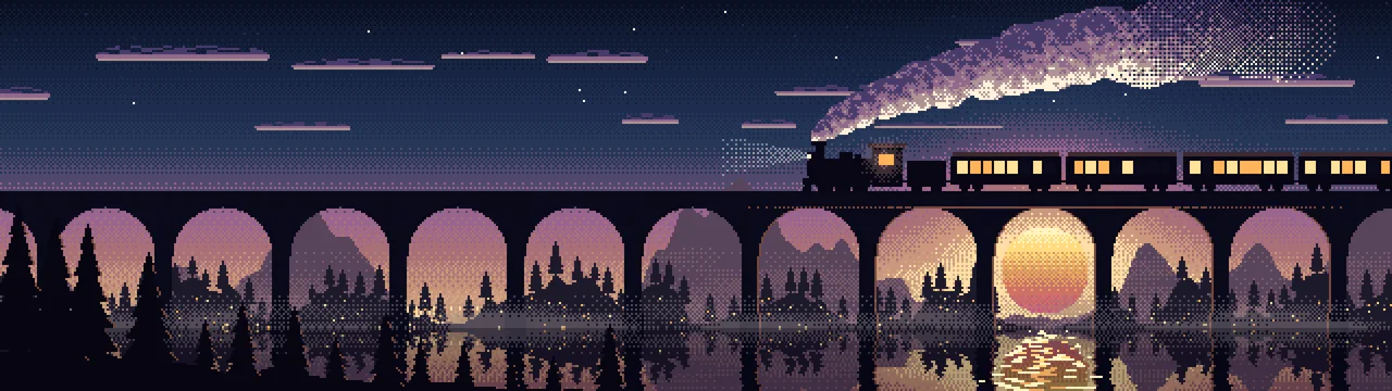 Navy Pixel Art Steam Train on a Viaduct dual monitor wallpaper, 7680 × 2160