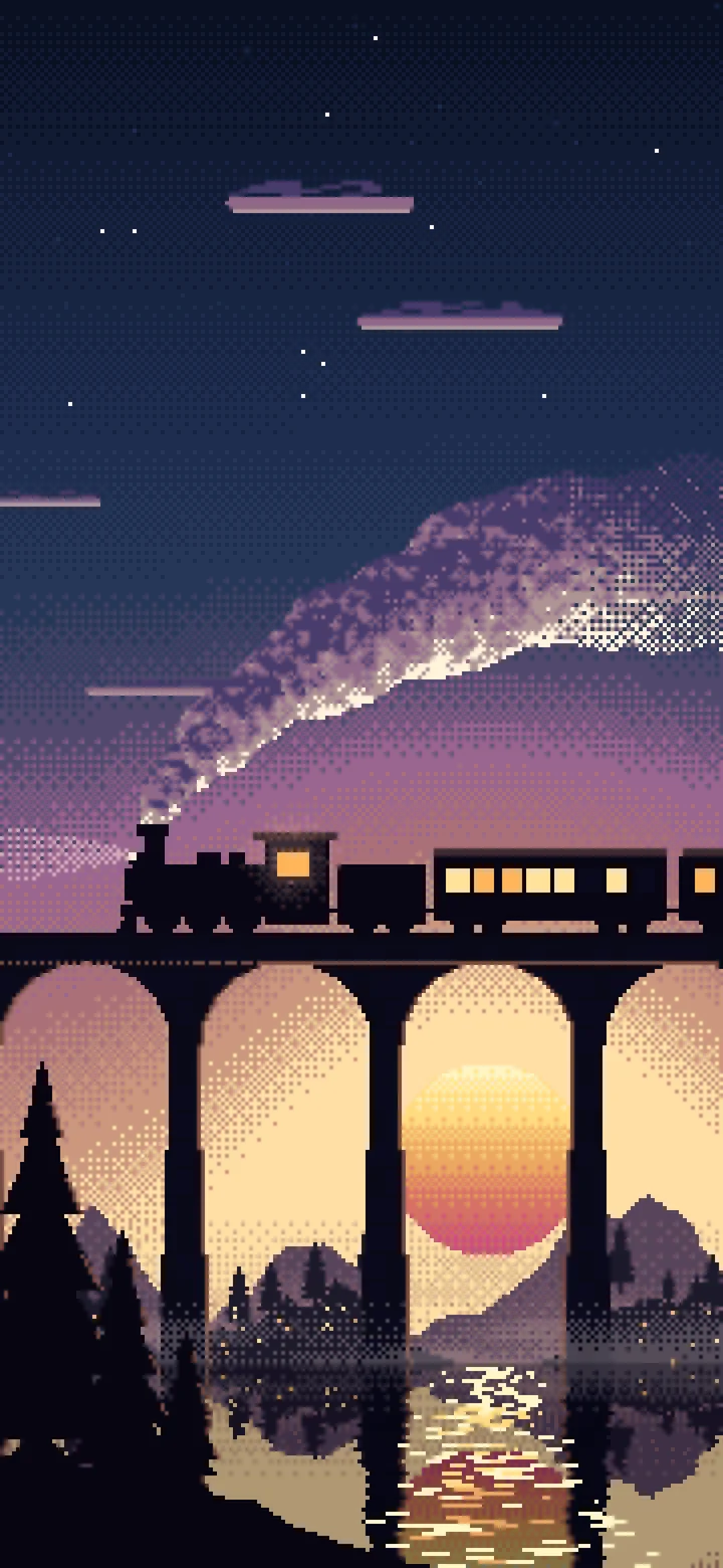 Navy Pixel Art Steam Train on a Viaduct wallpaper for iPhone and Android