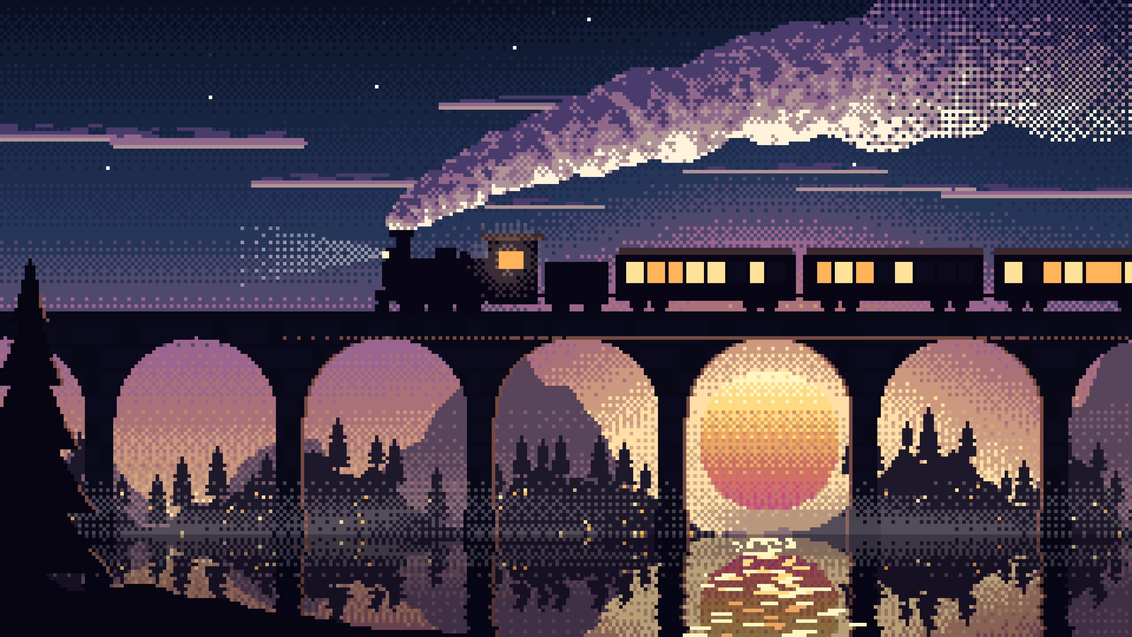 Navy Pixel Art Steam Train on a Viaduct desktop wallpaper in 4K