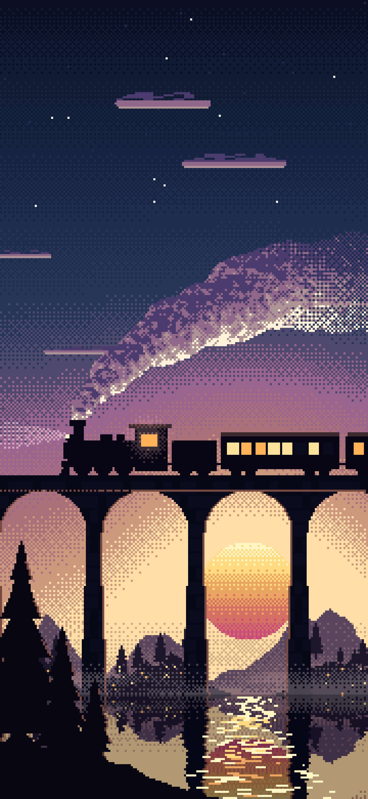 Navy Pixel Art Steam Train on a Viaduct wallpaper for iPhone and Android