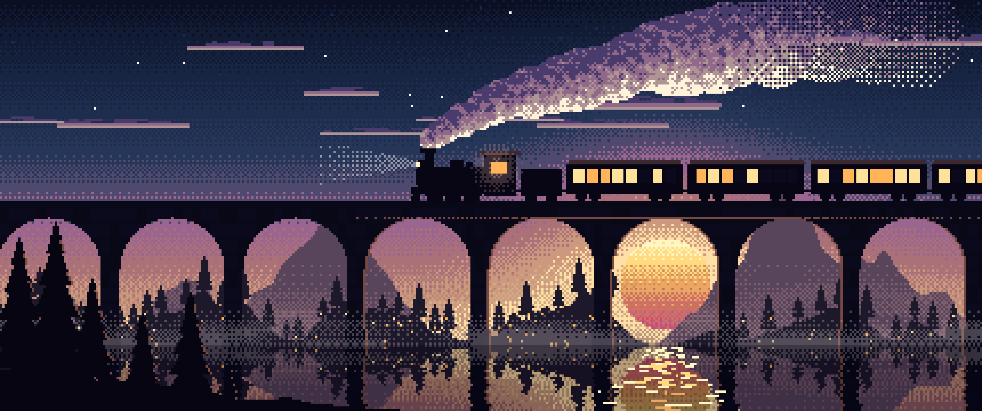 Navy Pixel Art Steam Train on a Viaduct ultrawide wallpaper, 3440 × 1440