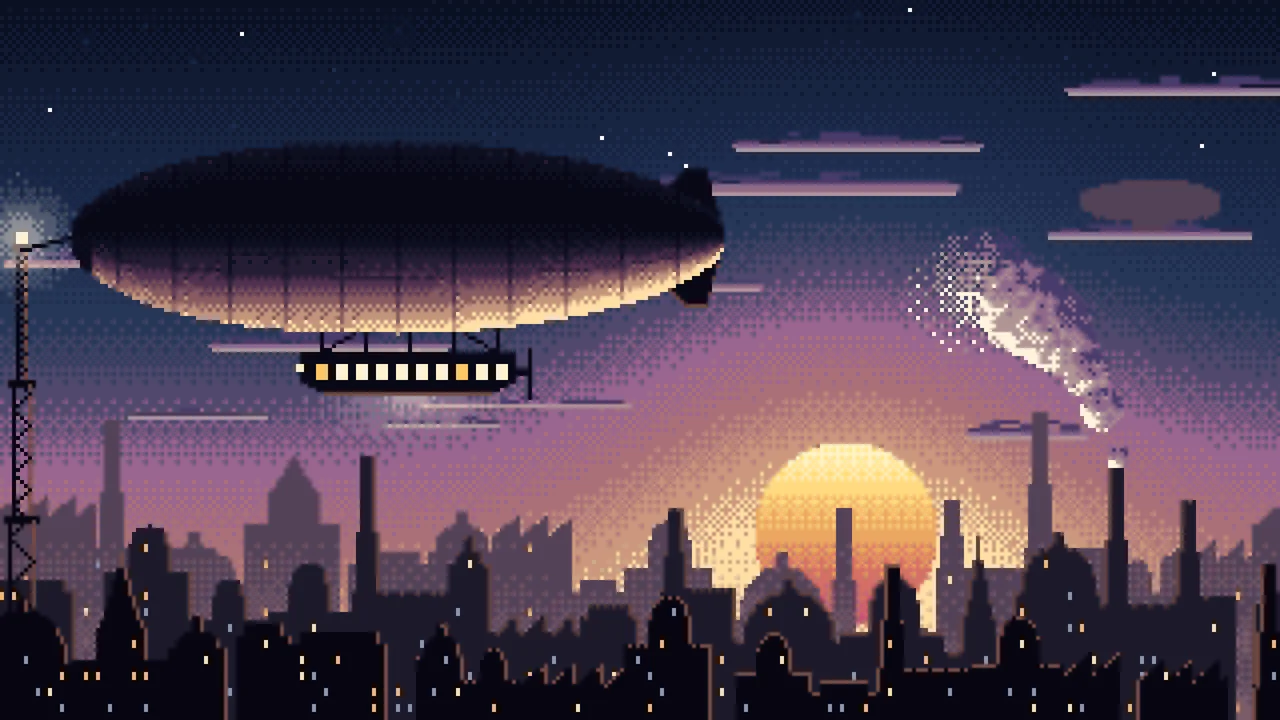 Navy Pixel Art Steampunk Airship at Sunset desktop wallpaper in 4K