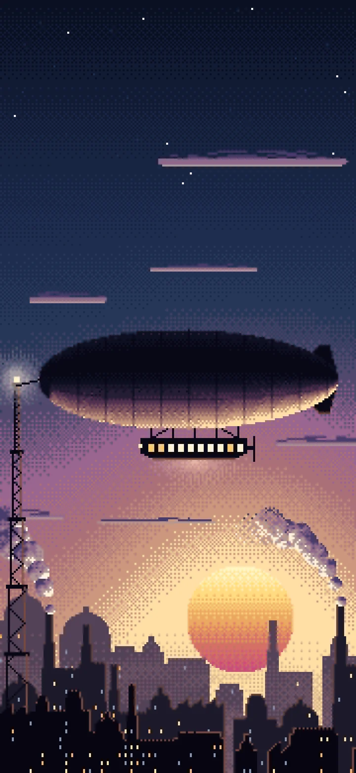 Navy Pixel Art Steampunk Airship at Sunset wallpaper for iPhone and Android
