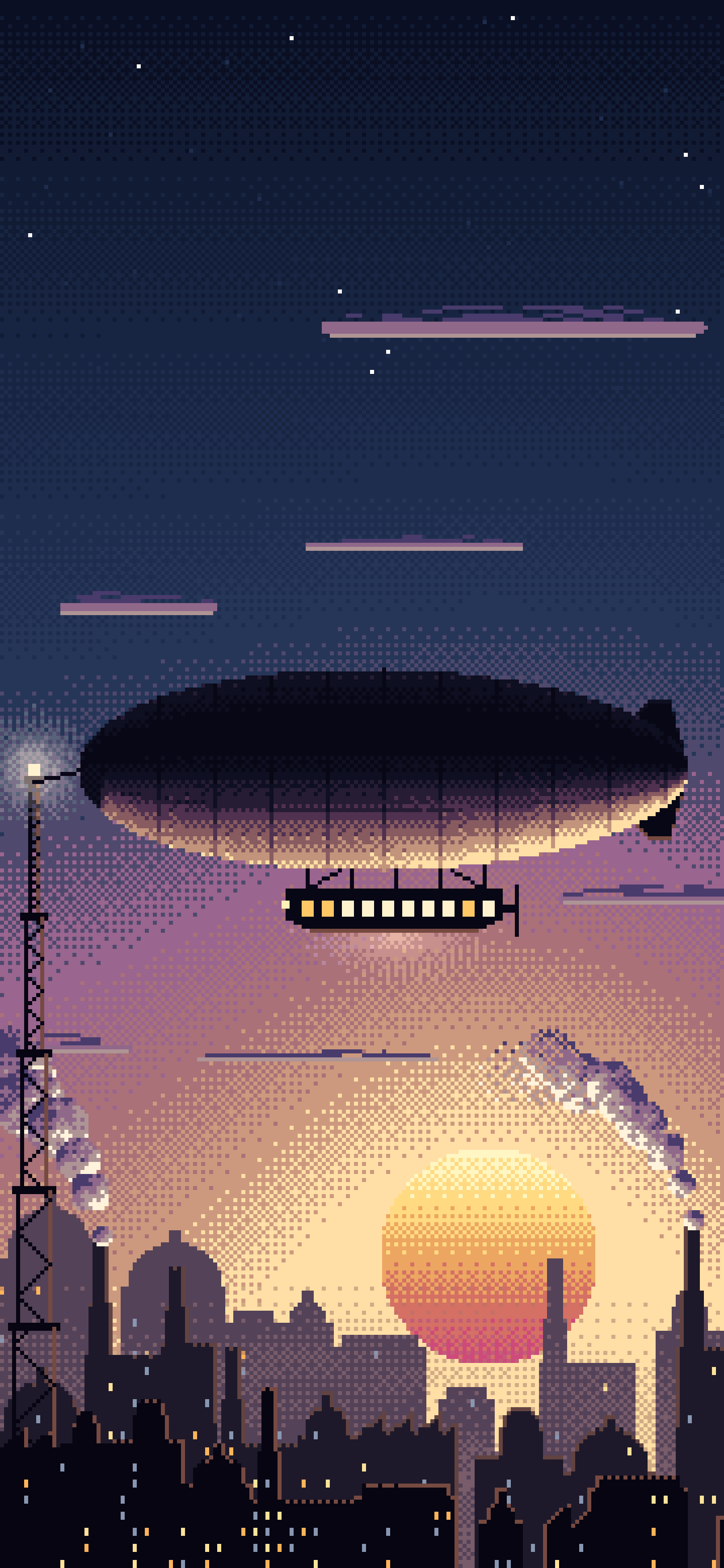 Navy Pixel Art Steampunk Airship at Sunset wallpaper for iPhone and Android