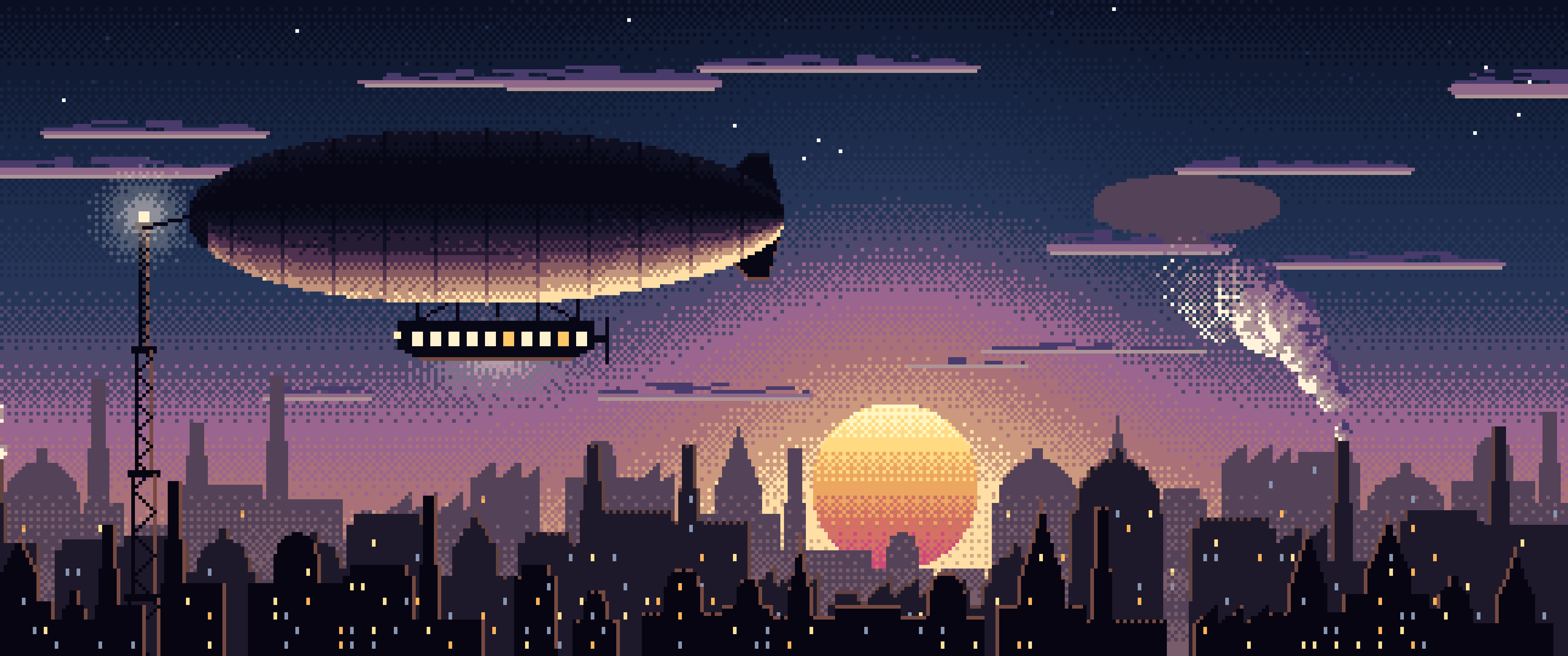 Navy Pixel Art Steampunk Airship at Sunset ultrawide wallpaper, 3440 × 1440