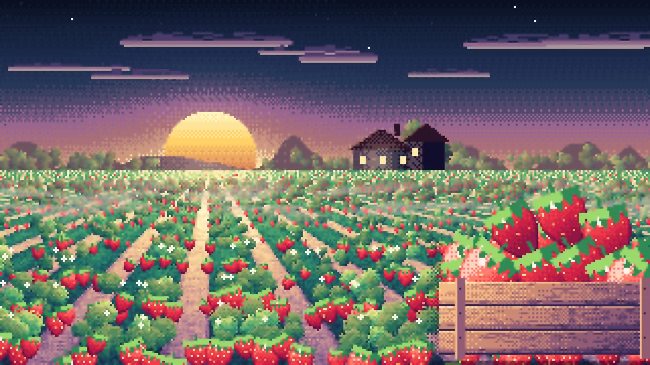 Navy Pixel Art Strawberry Field at Sunrise desktop wallpaper in 4K