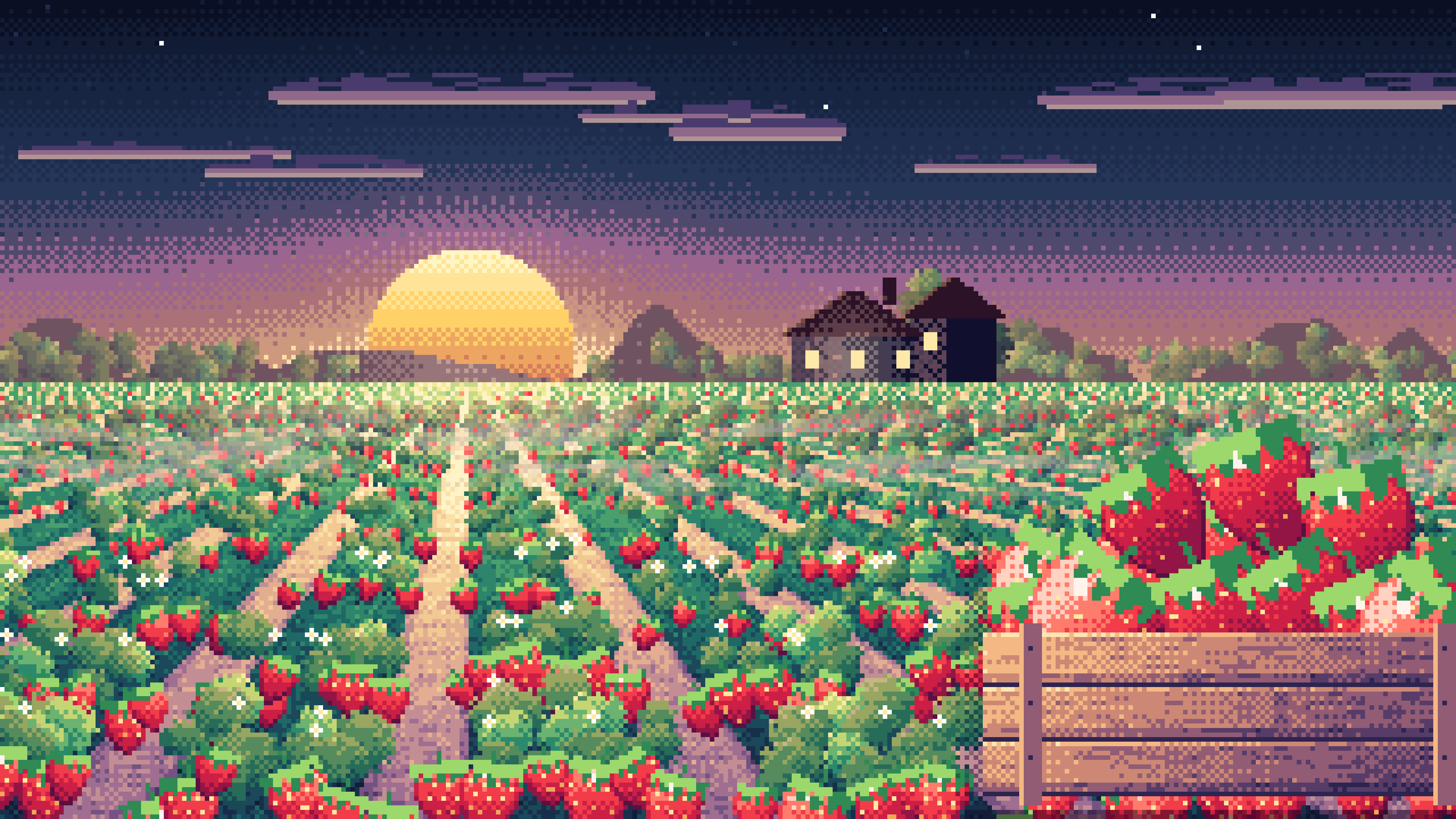 Navy Pixel Art Strawberry Field at Sunrise desktop wallpaper in 4K