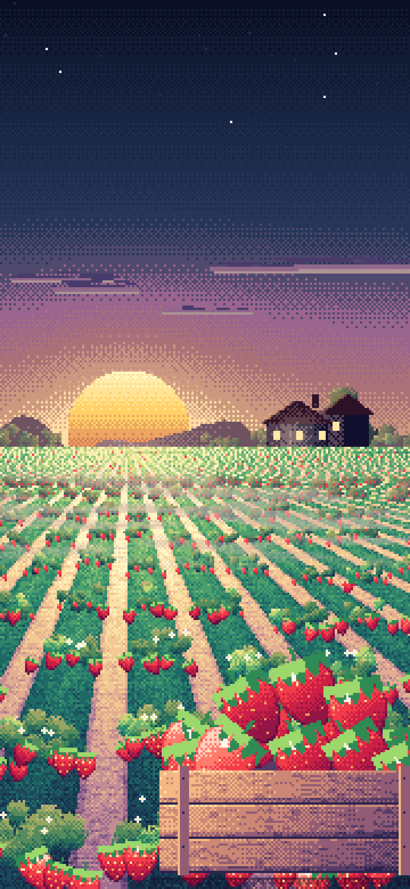 Navy Pixel Art Strawberry Field at Sunrise wallpaper for iPhone and Android