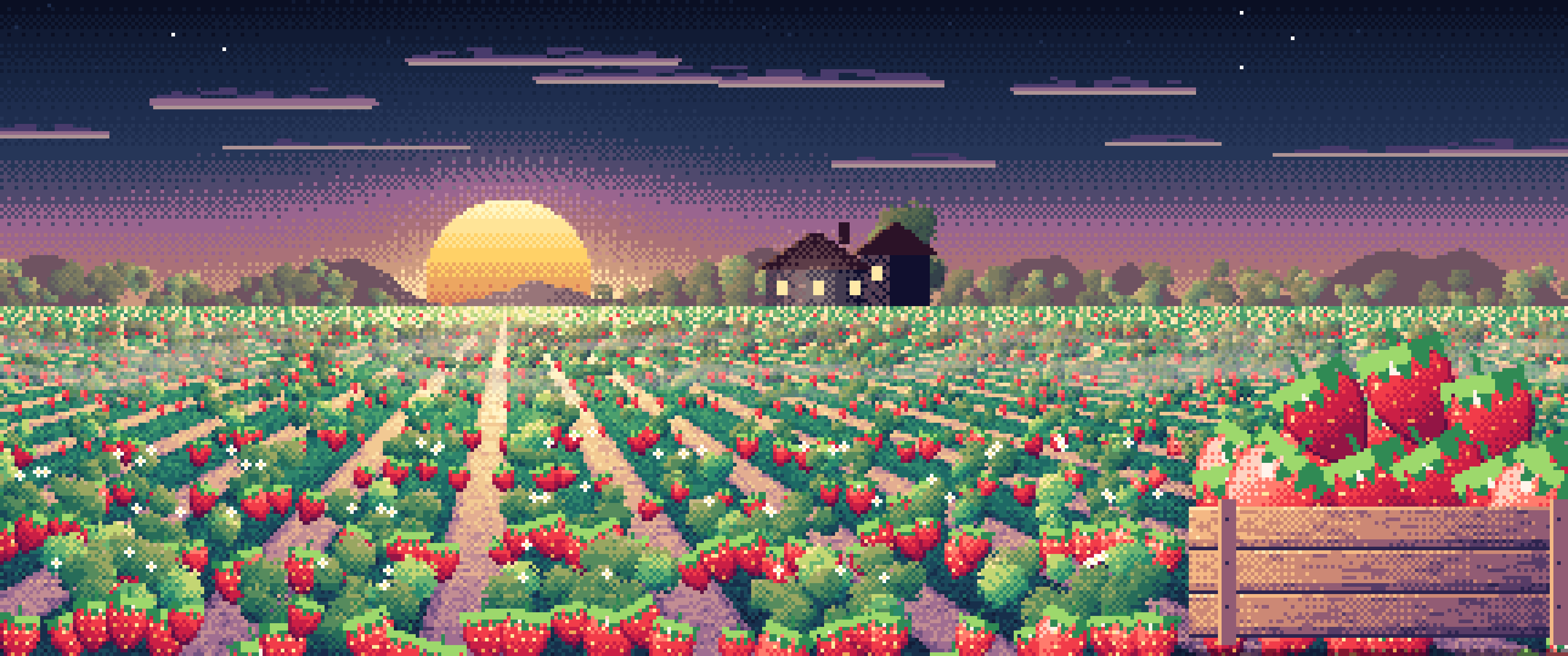 Navy Pixel Art Strawberry Field at Sunrise ultrawide wallpaper, 3440 × 1440