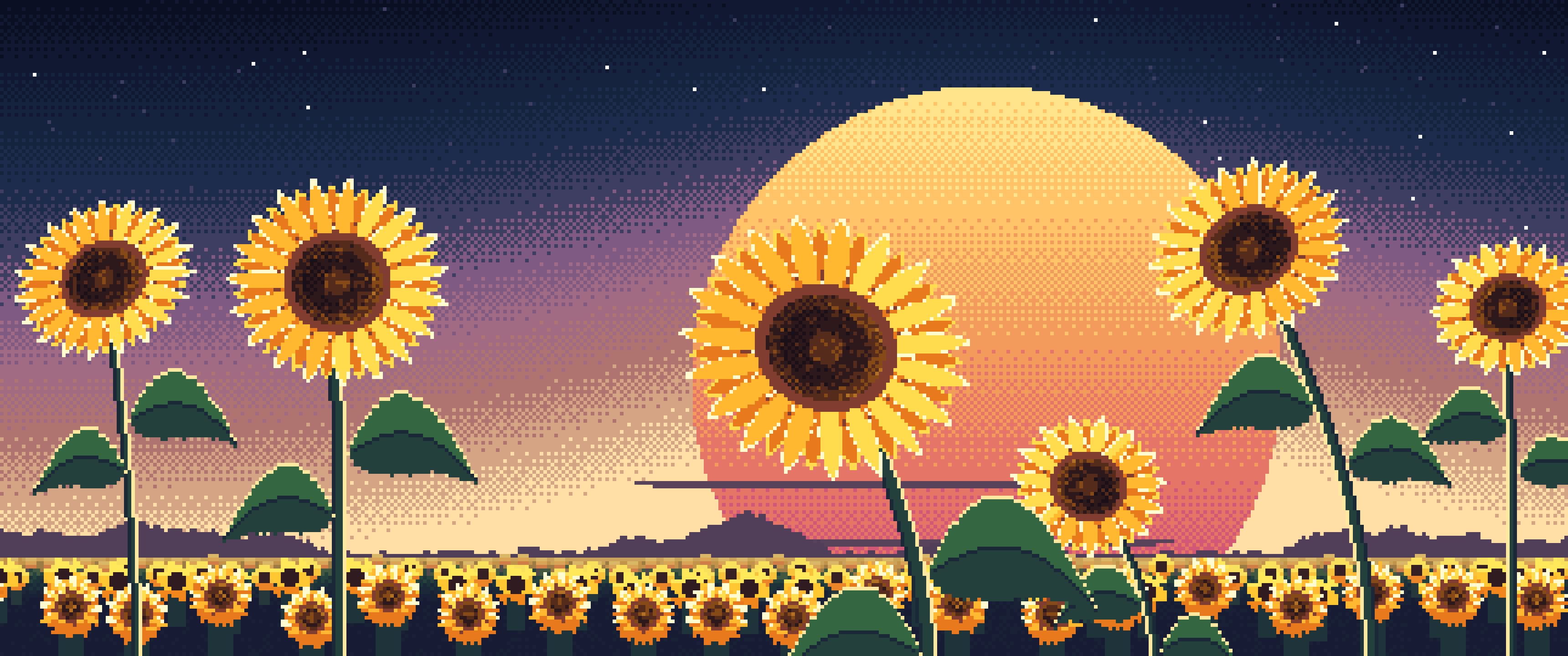 Navy Pixel Art Sunflower Close Up at Sunset ultrawide wallpaper, 3440 × 1440