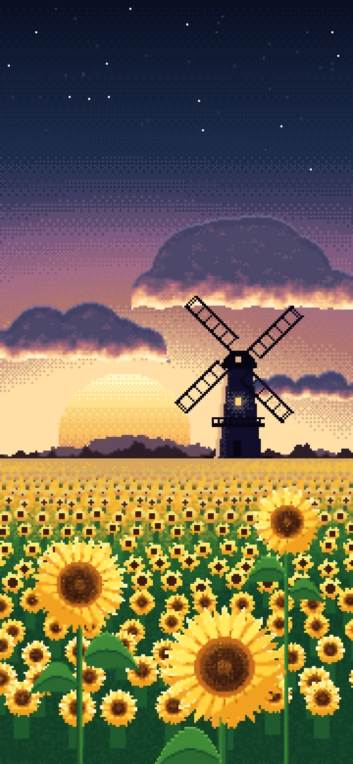 Navy Pixel Art Sunflower Field and Windmill at Sunset wallpaper for iPhone and Android