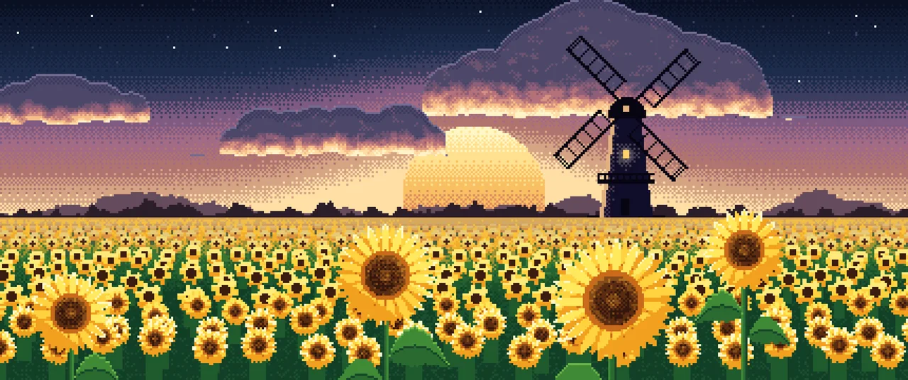 Navy Pixel Art Sunflower Field and Windmill at Sunset ultrawide wallpaper, 3440 × 1440