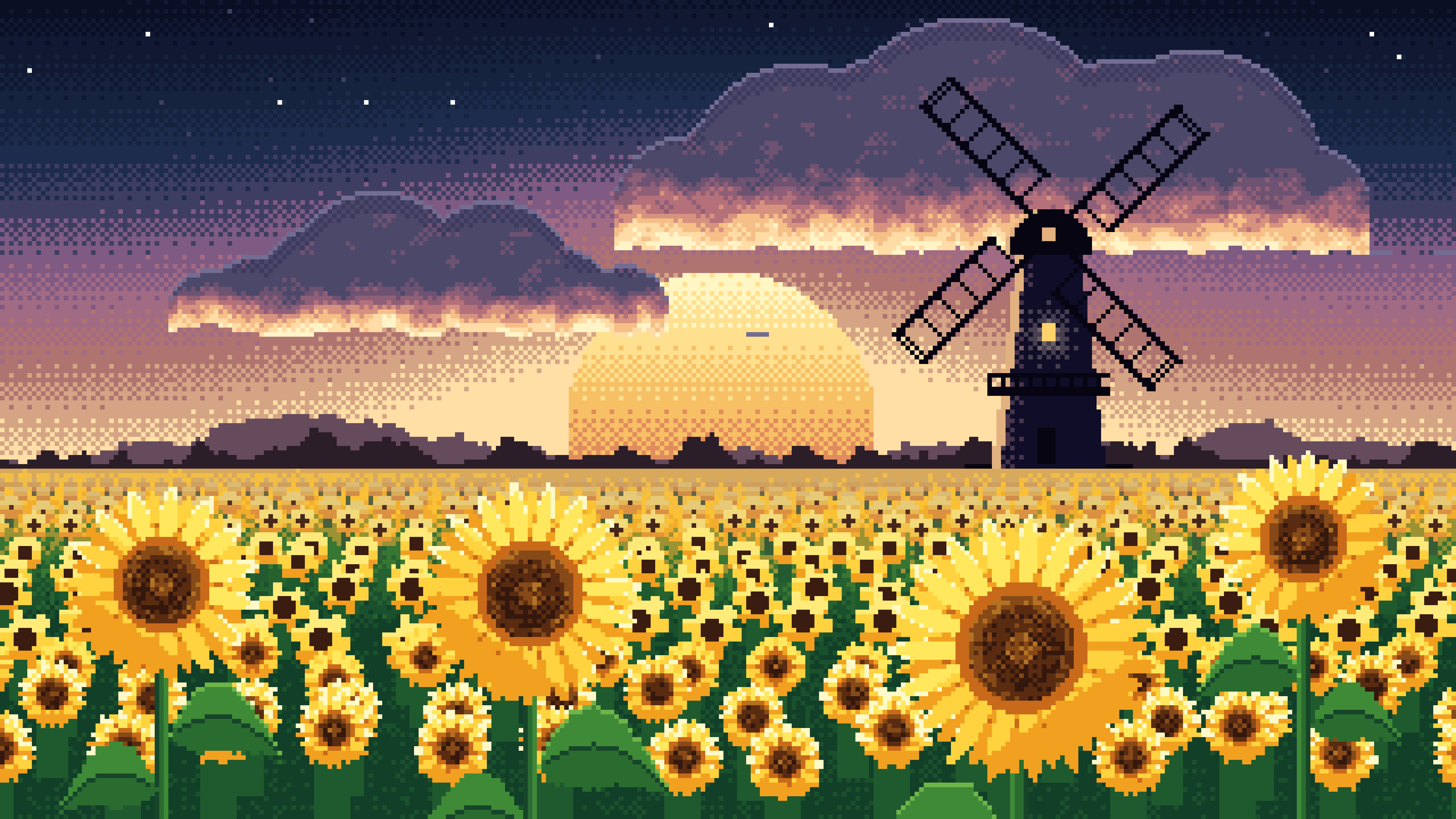 Navy Pixel Art Sunflower Field and Windmill at Sunset desktop wallpaper in 4K