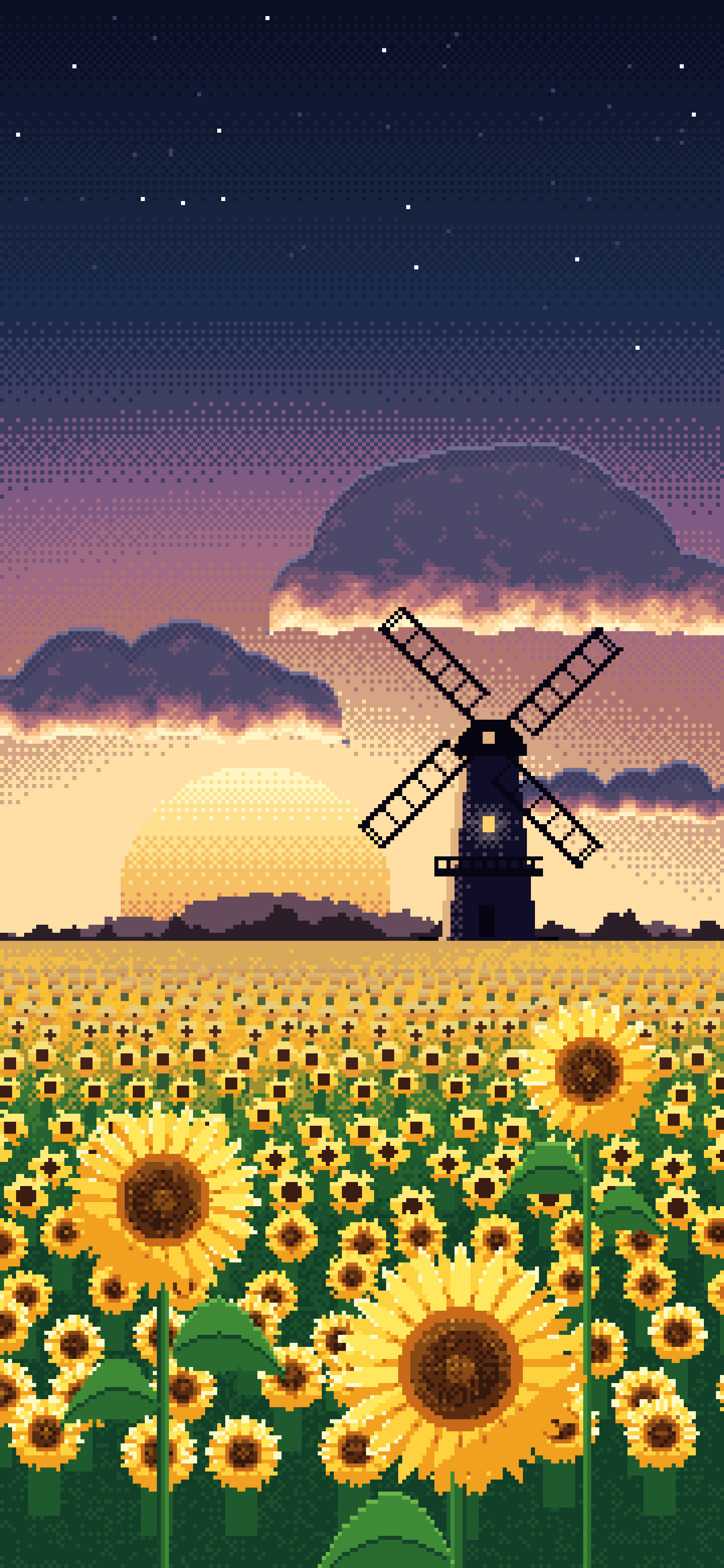 Navy Pixel Art Sunflower Field and Windmill at Sunset wallpaper for iPhone and Android