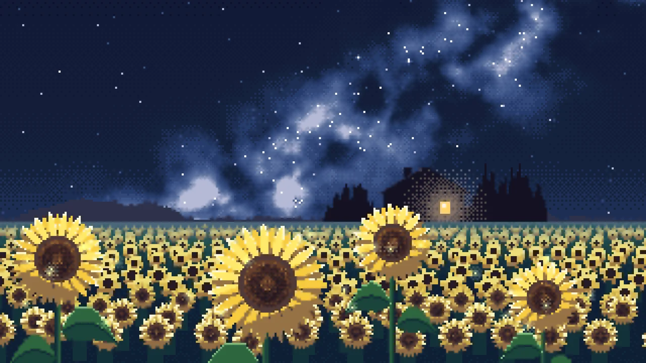 Navy Pixel Art Sunflower Field at Night desktop wallpaper in 4K