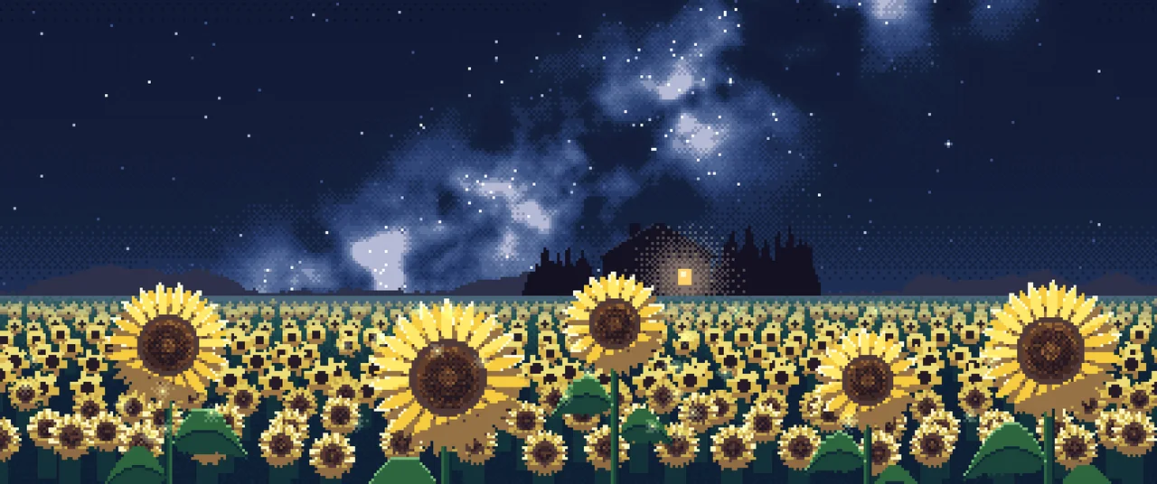 Navy Pixel Art Sunflower Field at Night ultrawide wallpaper, 3440 × 1440