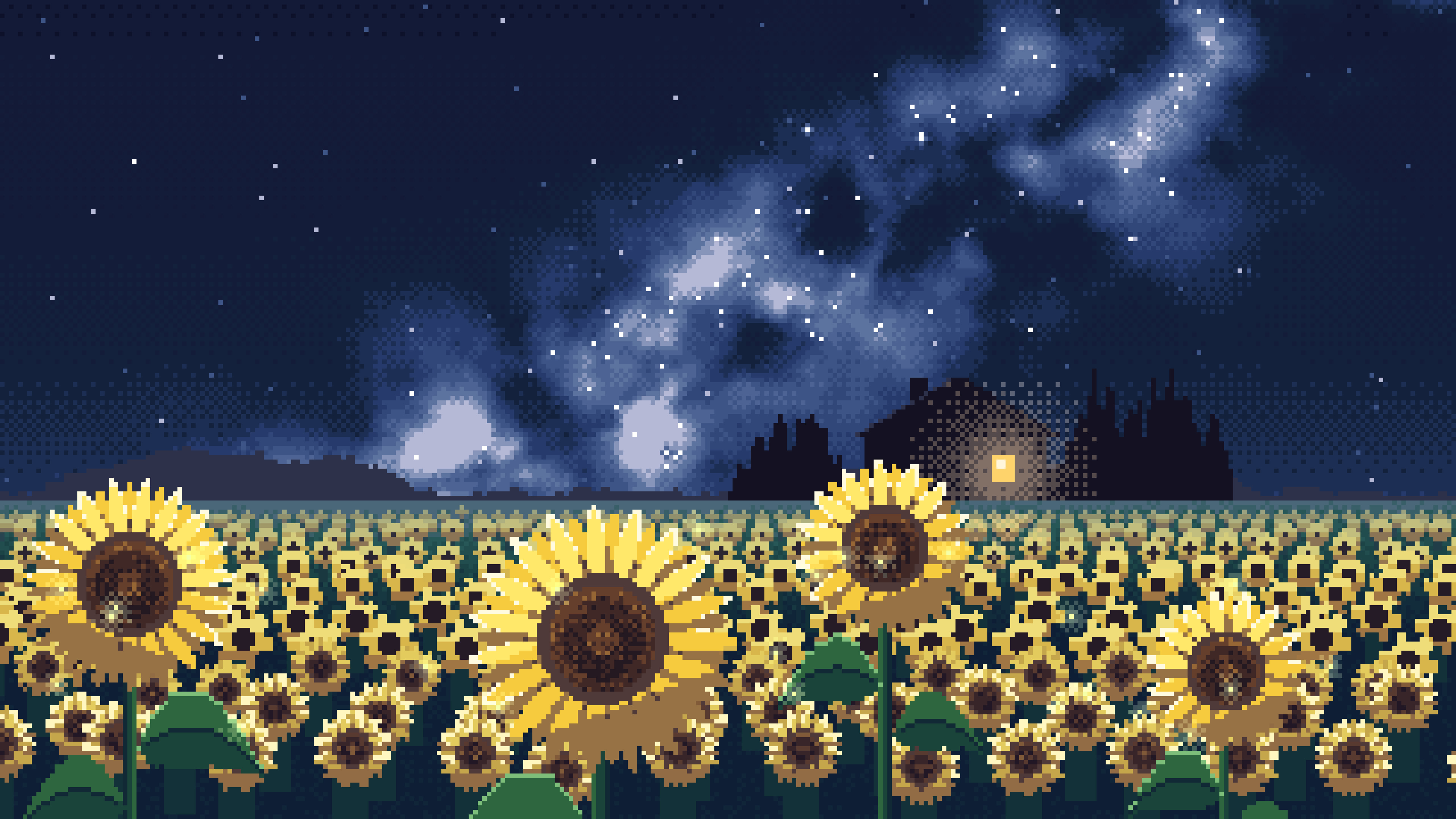 Navy Pixel Art Sunflower Field at Night desktop wallpaper in 4K