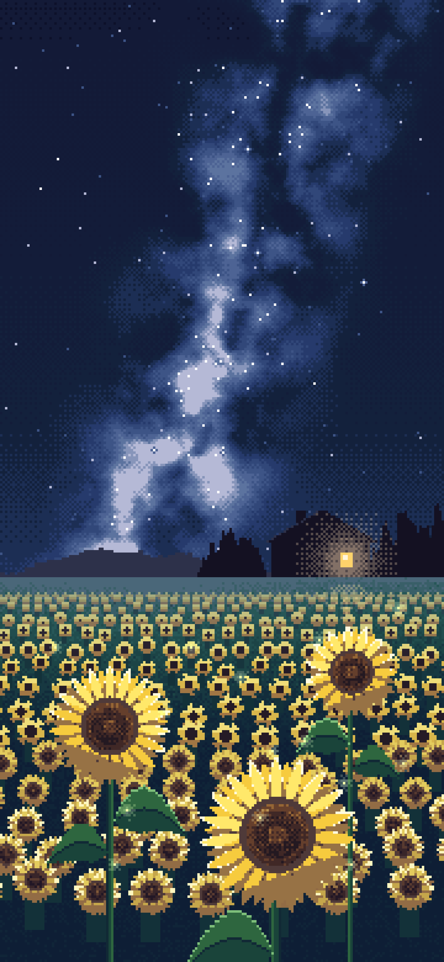 Navy Pixel Art Sunflower Field at Night wallpaper for iPhone and Android