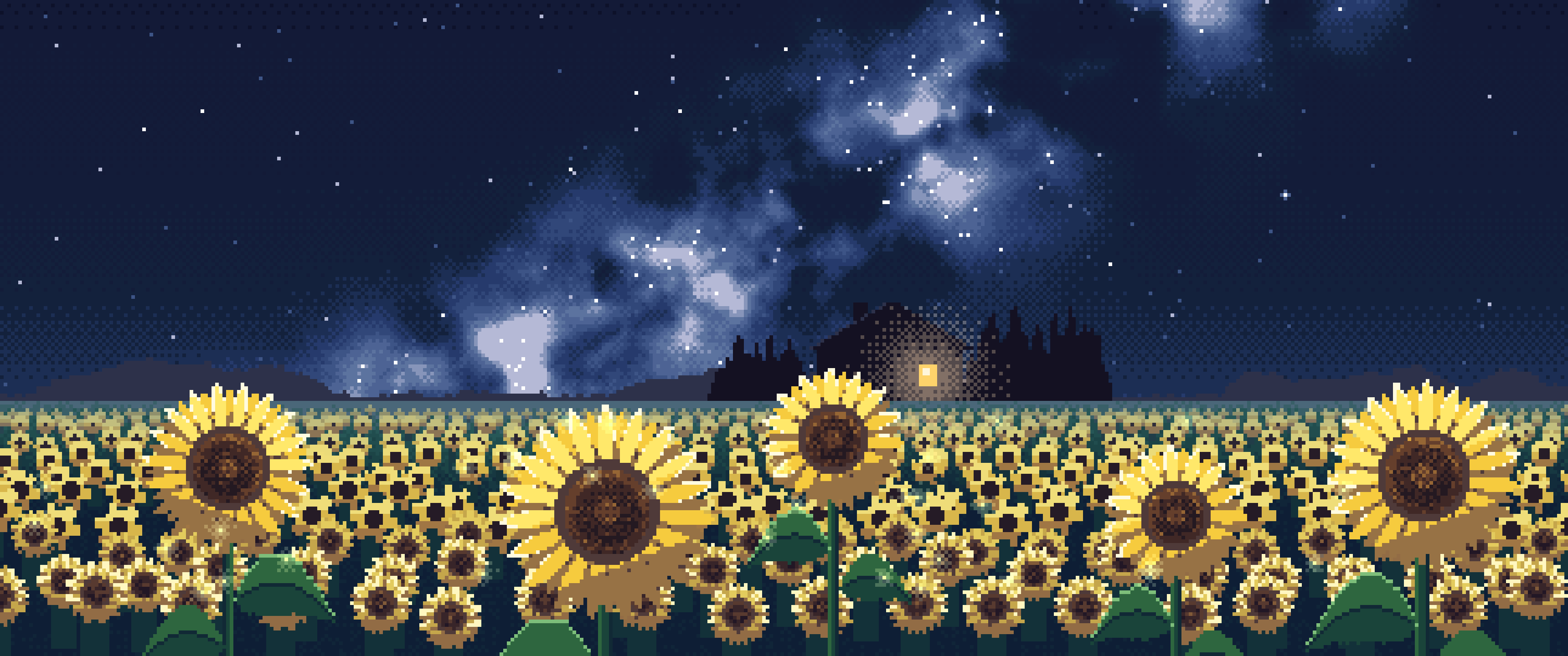 Navy Pixel Art Sunflower Field at Night ultrawide wallpaper, 3440 × 1440
