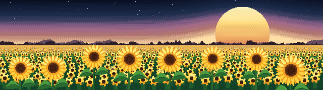 Navy Pixel Art Sunflower Field dual monitor wallpaper, 7680 × 2160