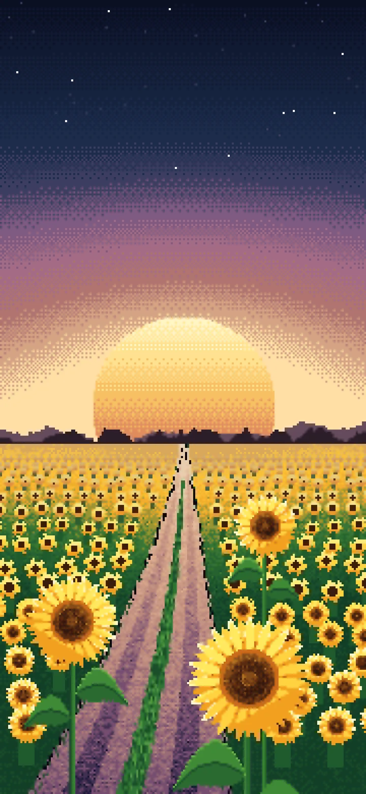 Navy Pixel Art Sunflower Field Road at Sunset wallpaper for iPhone and Android