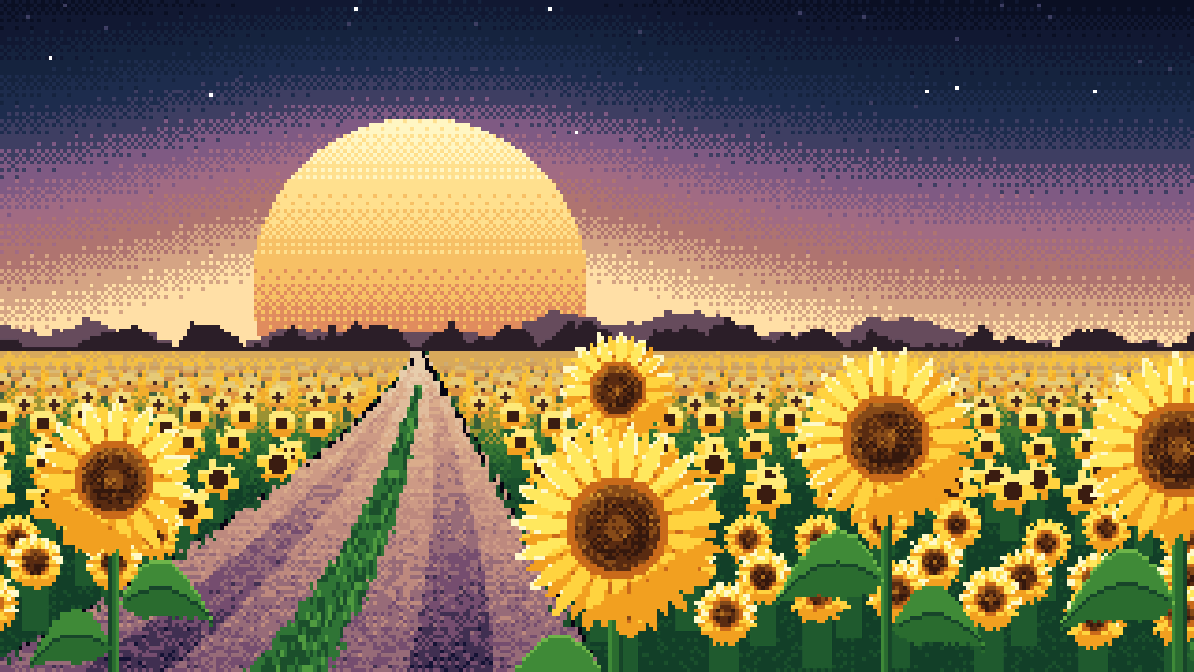 Navy Pixel Art Sunflower Field Road at Sunset desktop wallpaper in 4K