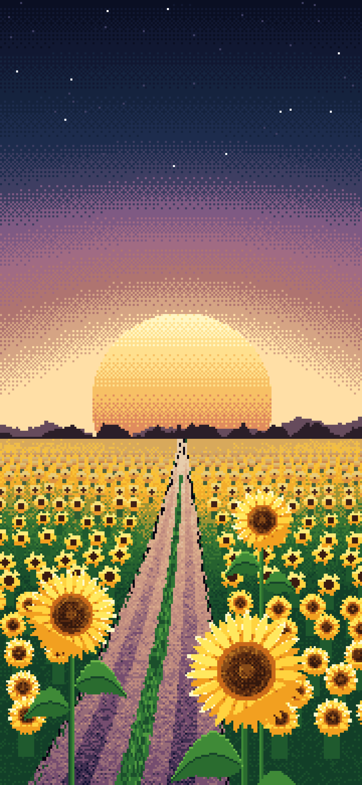 Navy Pixel Art Sunflower Field Road at Sunset wallpaper for iPhone and Android