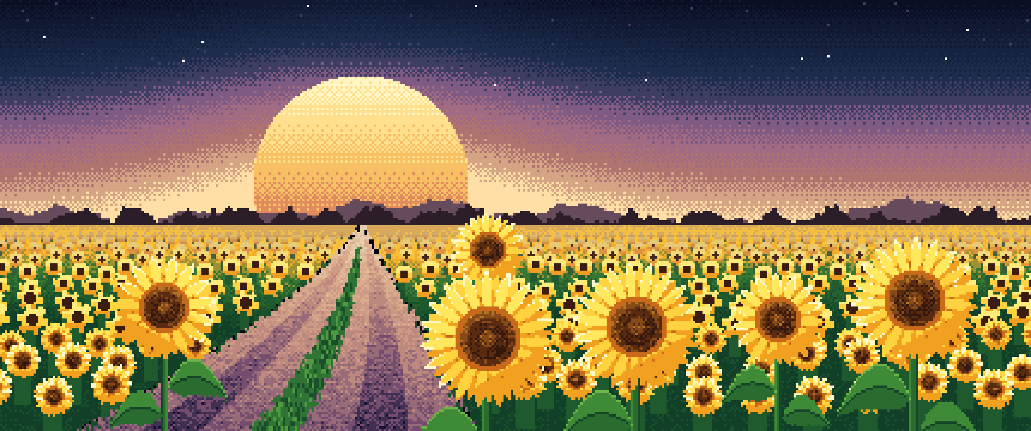 Navy Pixel Art Sunflower Field Road at Sunset ultrawide wallpaper, 3440 × 1440