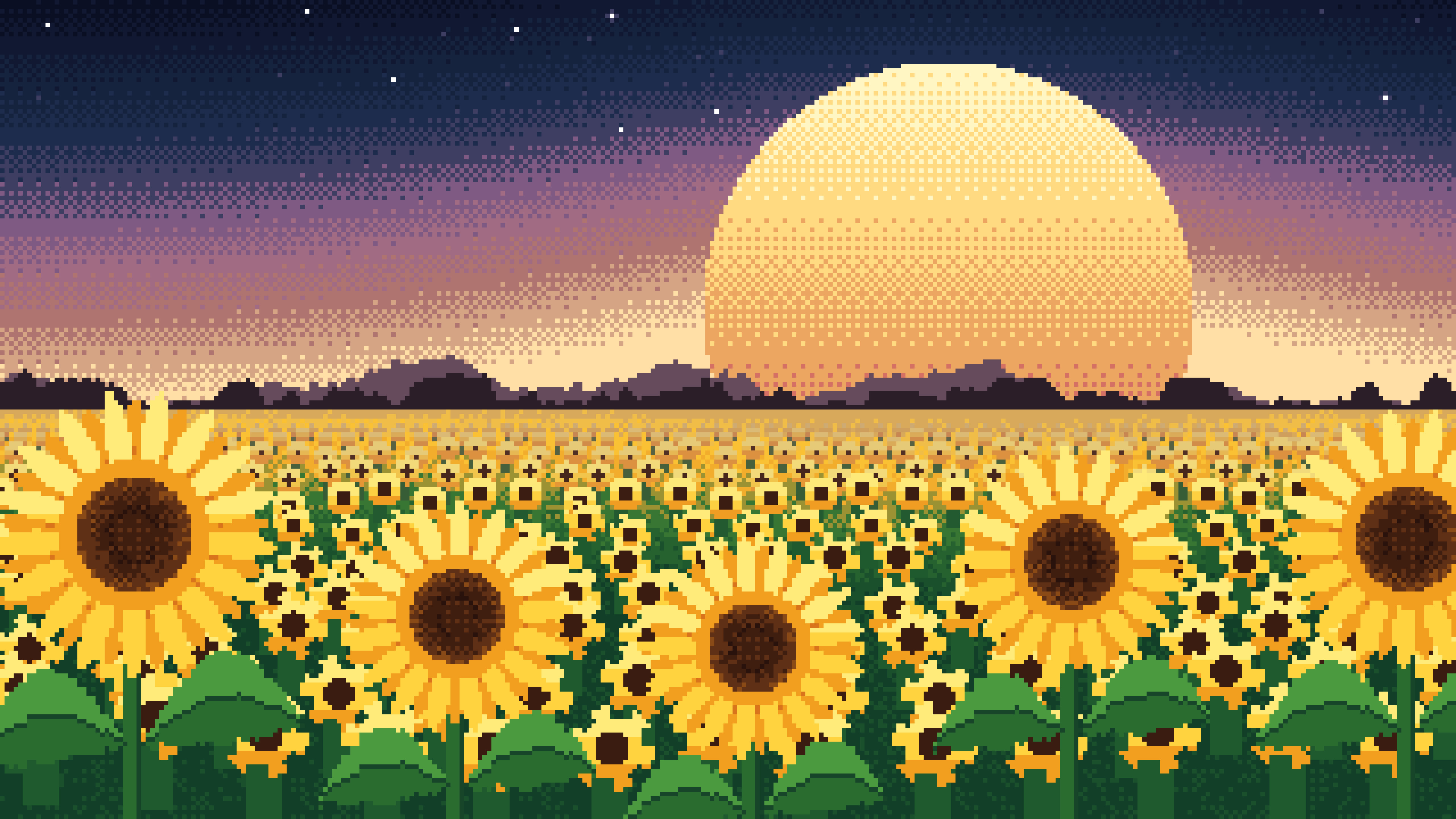 Navy Pixel Art Sunflower Field desktop wallpaper in 4K